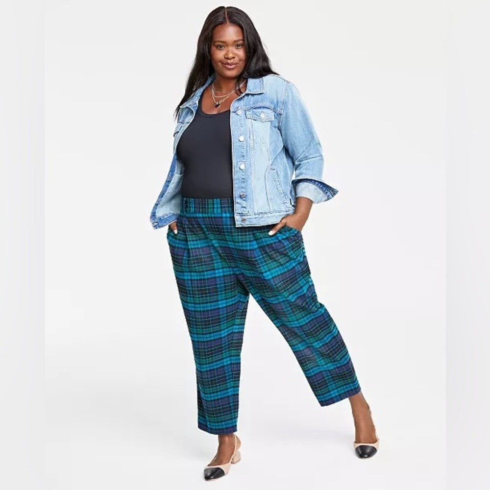 On 34th Blue Plaid Trousers elastic waist plus sizes